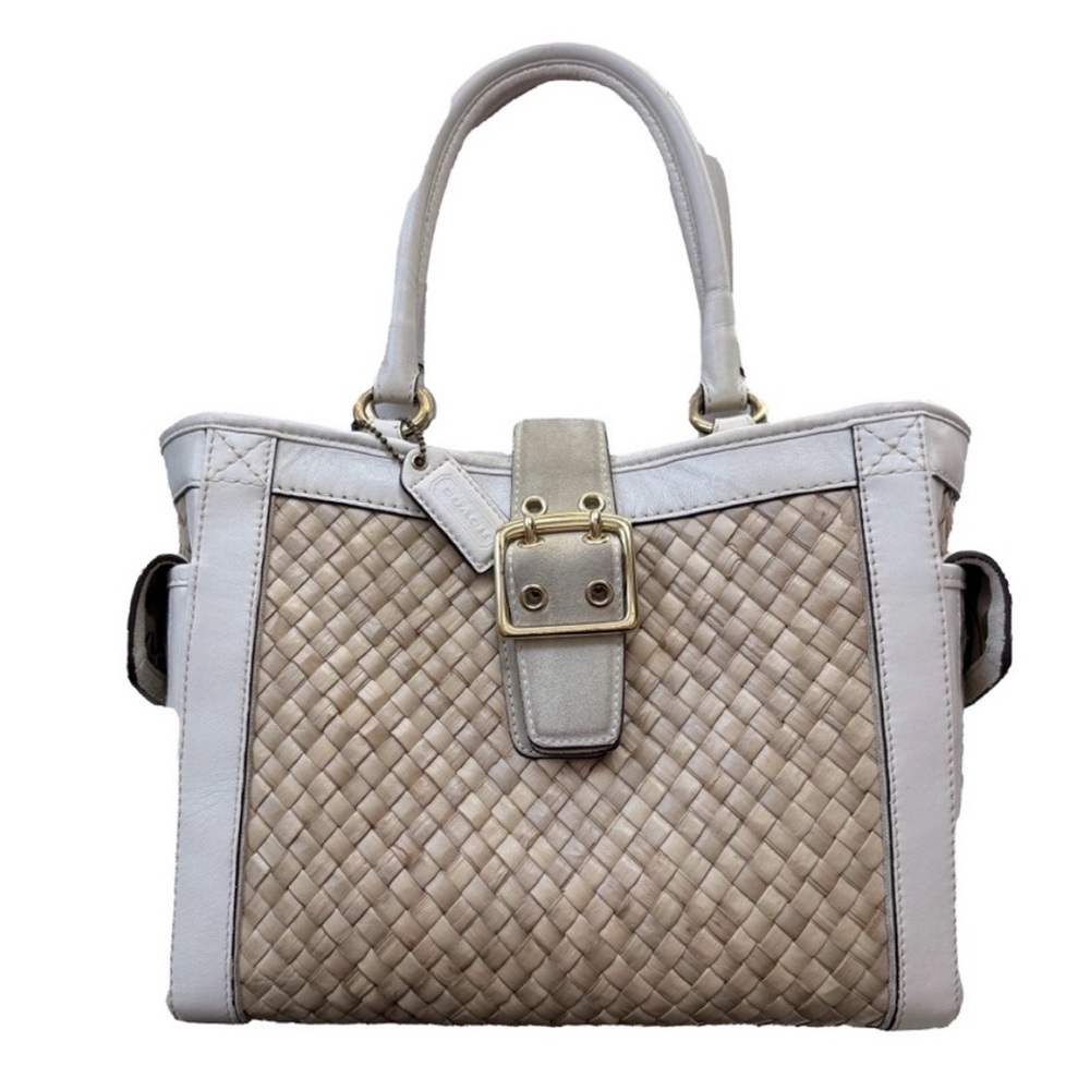 Coach Straw Woven Weave Basket Suede Leather White Top Handle Bag 4419